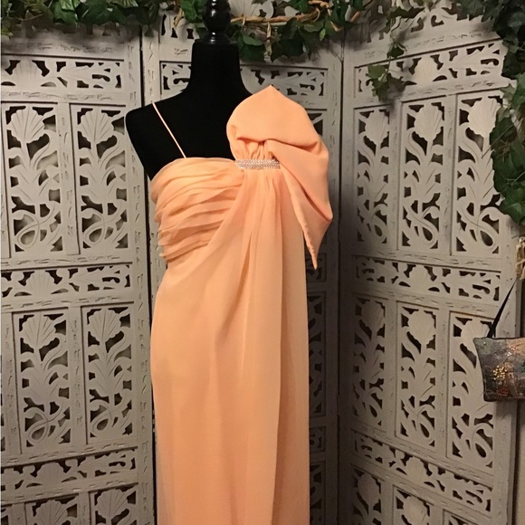 TALLY NY AMAZING PEACH ORANGE DECORATIVE BOW LONG FORMAL GOWN PROM DRESS - Picture 2 of 8